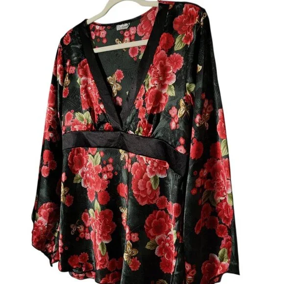 VTG Rave Womens Black Satin Floral Butterfly Kimono Bell Sleeves V-Neck Top L - Picture 2 of 8